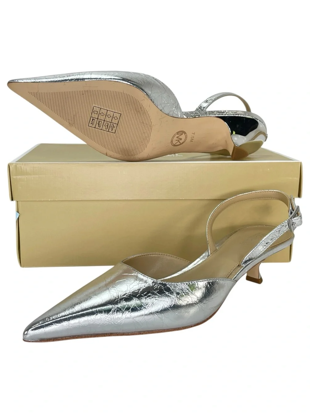Michael Kors Luna Silver Leather Slingback Womens Kitten Heels Size 7.5M